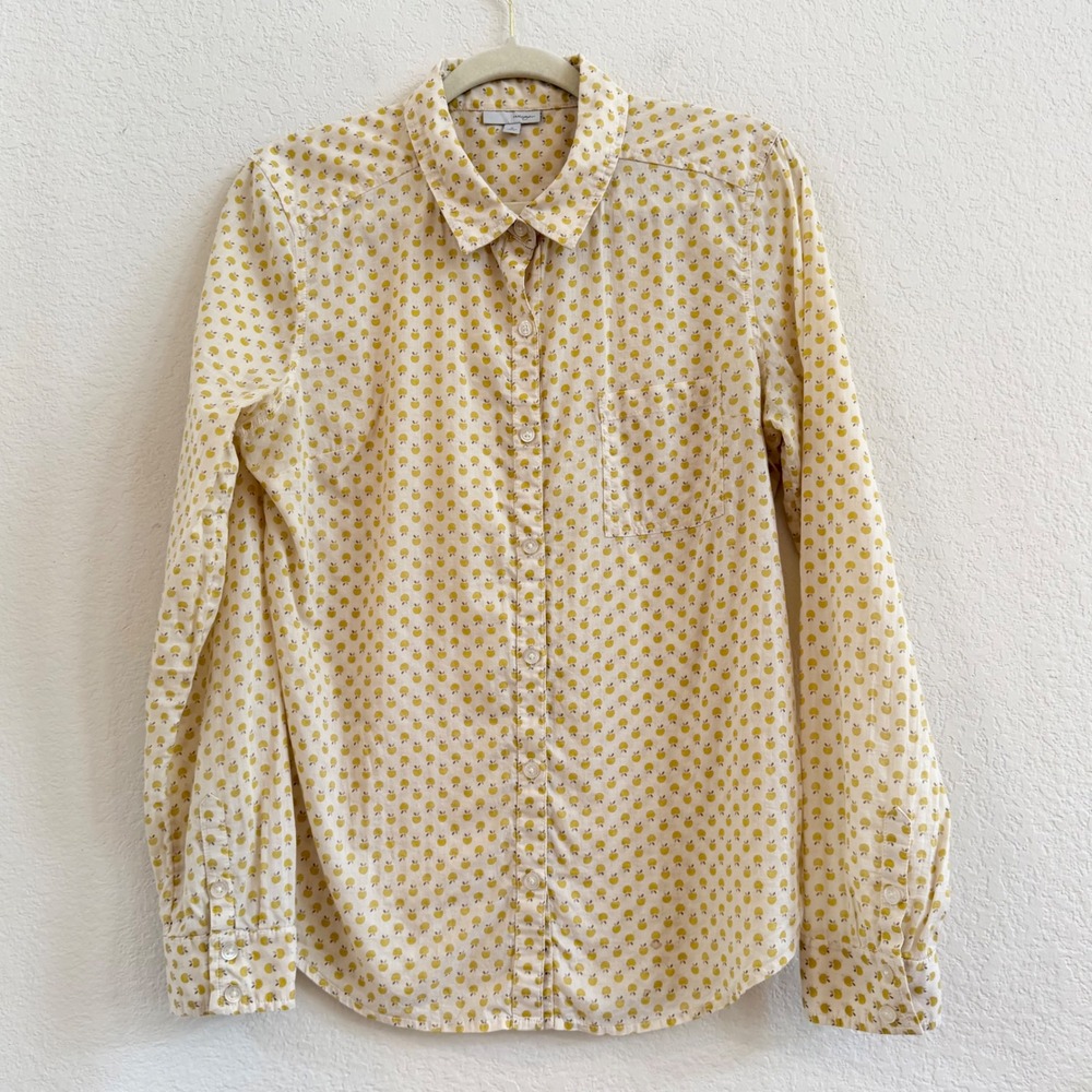 Halogen Womens Medium Yellow Apple Print Button Up Shirt 100% Cotton Long Sleeve